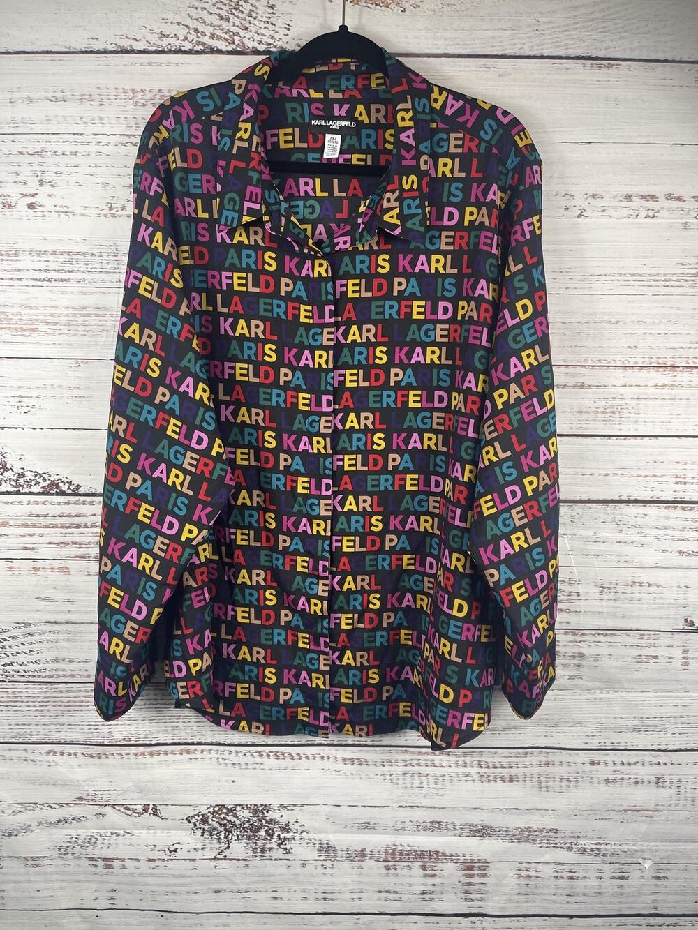 Karl Lagerfeld Shirt Women's 2XL Black Multicolor Logo Print Button Front Paris